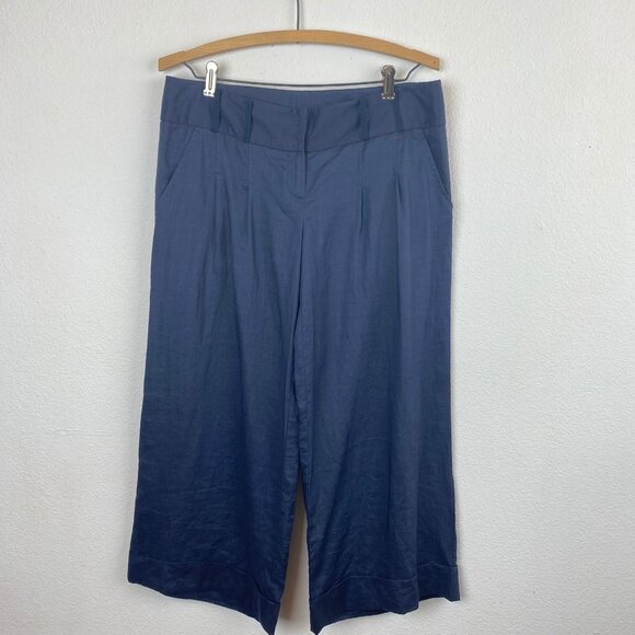 Elie Tahari Women Crop Pants Size 4 Dark Blue Ramie Pleats Pockets Wide Leg Cuff - Picture 1 of 8